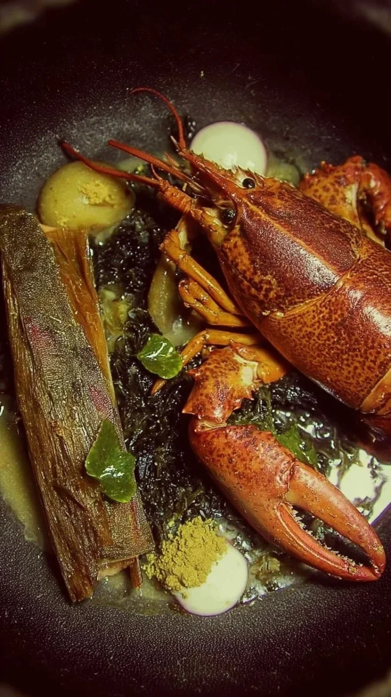 Homard et foie gras du pauvre avec algues et racines, présentation gastronomique.
