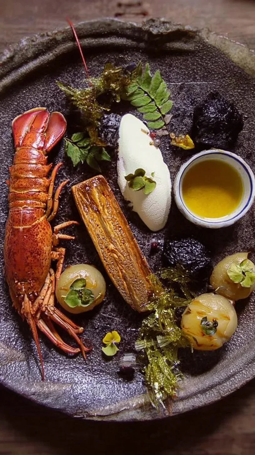 Plat créatif alliant homard, foie gras, algues et jus d'épluchures