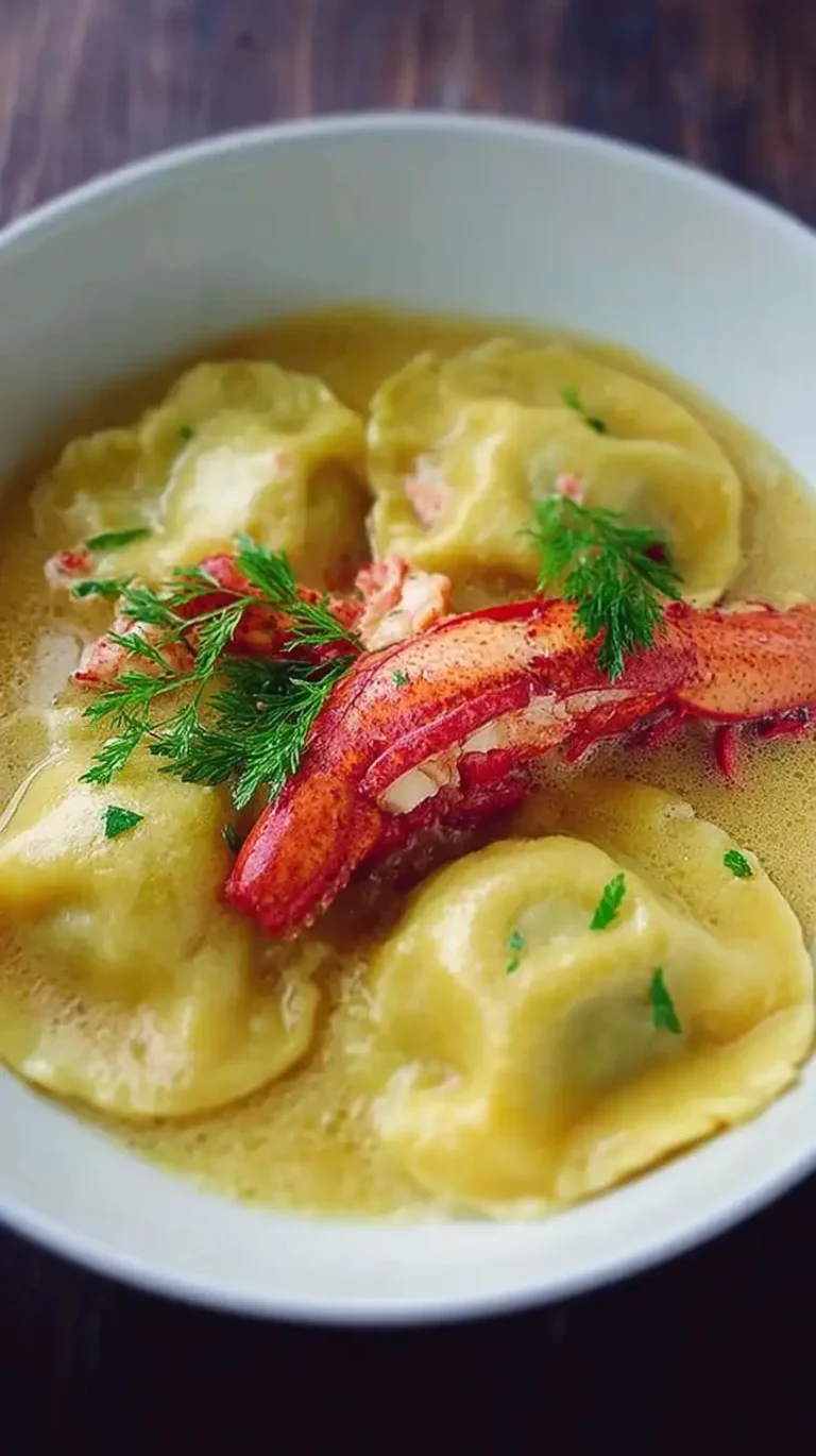 Ravioles de homard nage à la citronnelle, plat gastronomique délicieux.