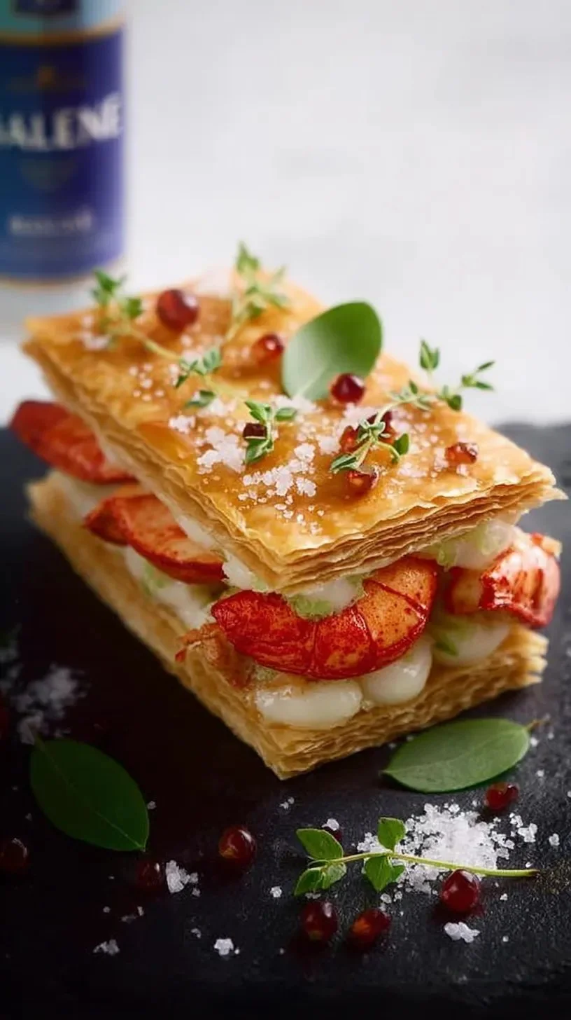 Millefeuilles de Homard avec poires au sel La Baleine, plat gastronomique élégant.