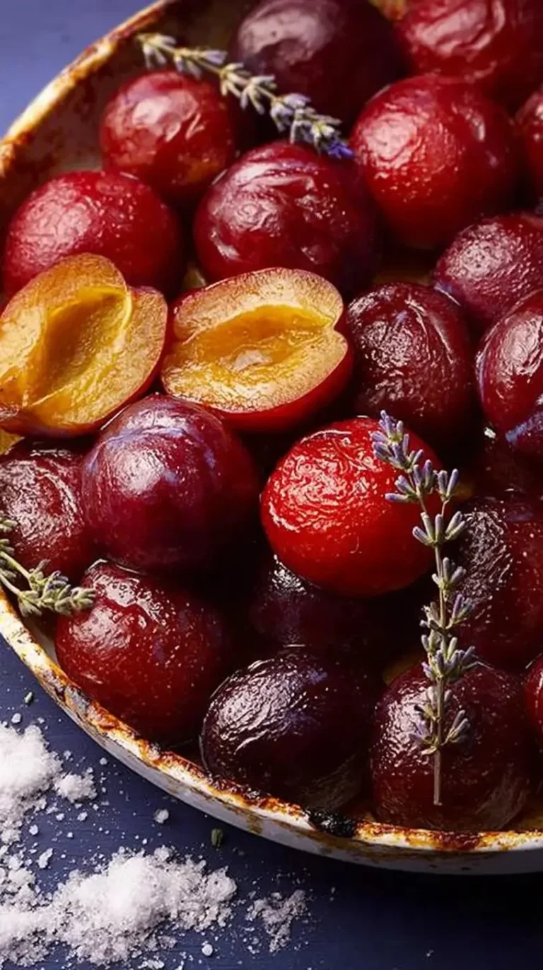 Mirabelles rôties à la lavande servies dans une assiette élégante
