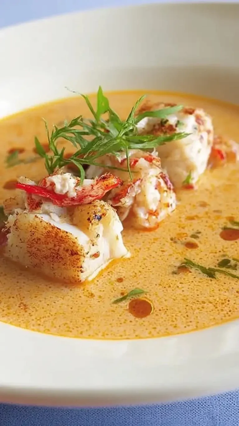 Pain de lotte servi avec bisque de homard, plat savoureux et élégant.