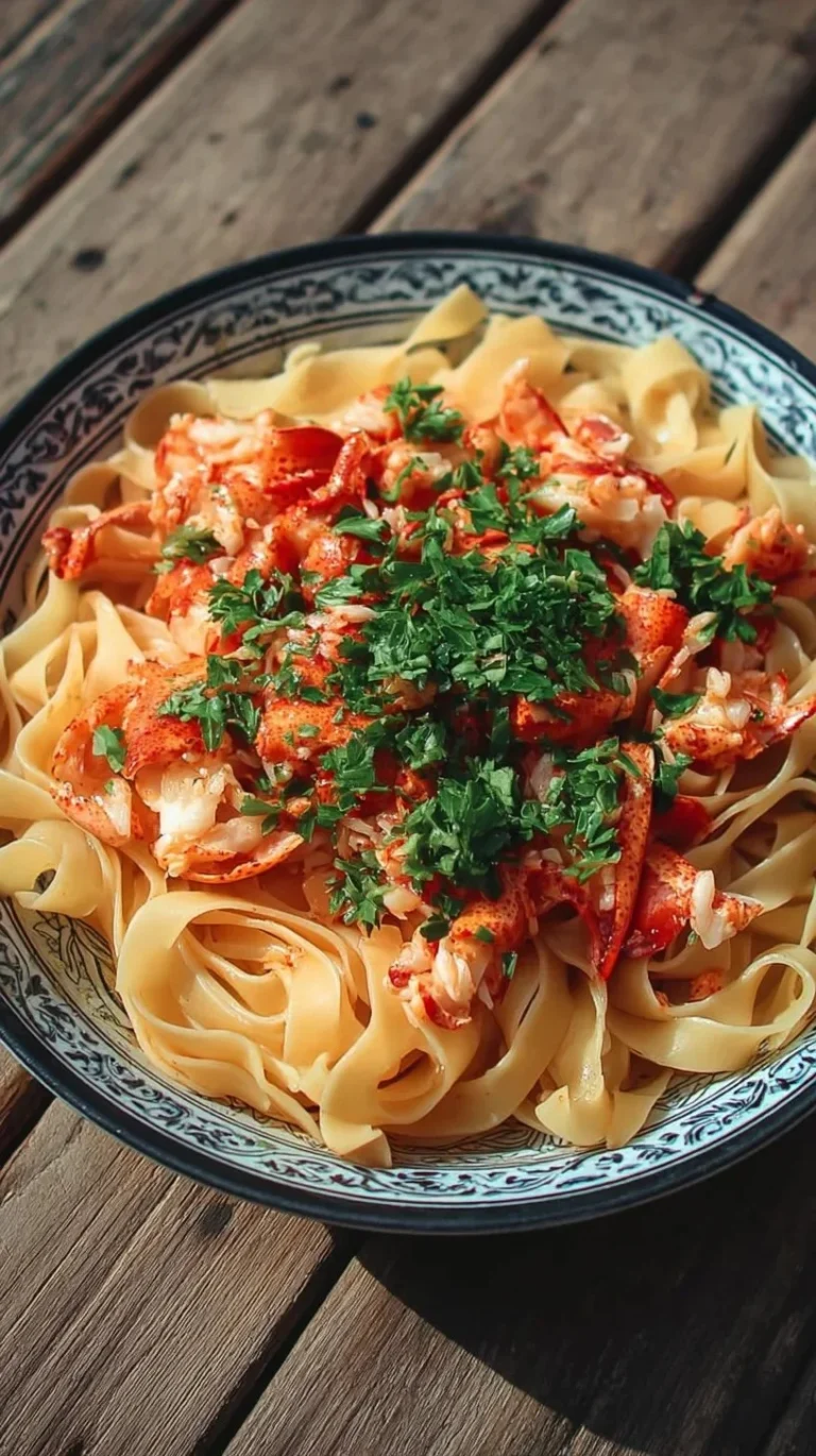 Pâtes au homard savoureuses avec une sauce crémeuse et de l'herbe fraîche