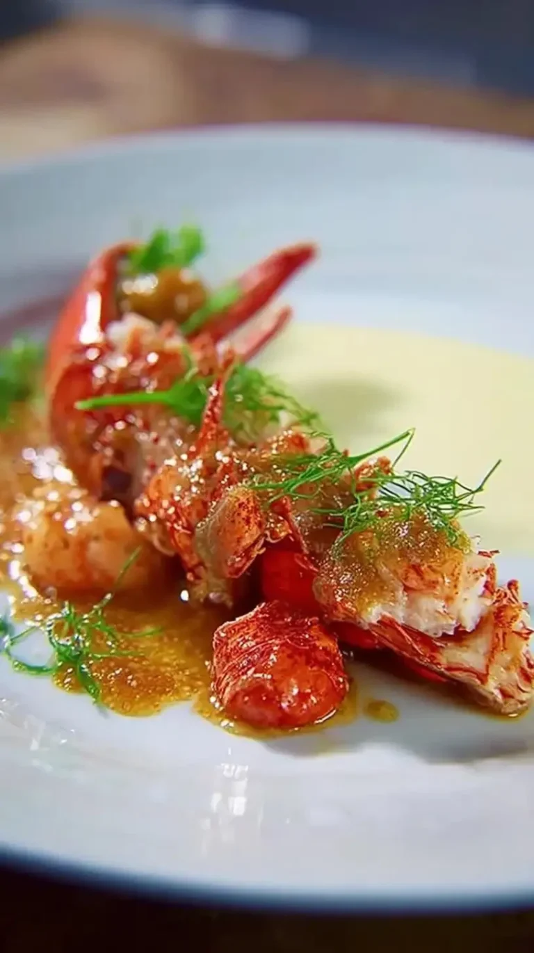 Un plat de Homard breton délicatement préparé, servi avec des garnitures savoureuses.