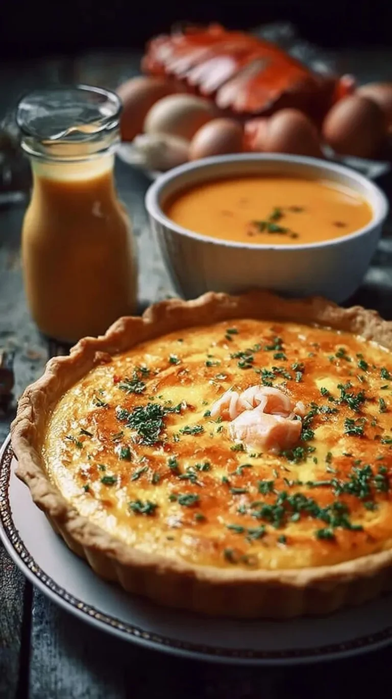 Quiche au saumon et bisque de homard, un plat savoureux et élégant.