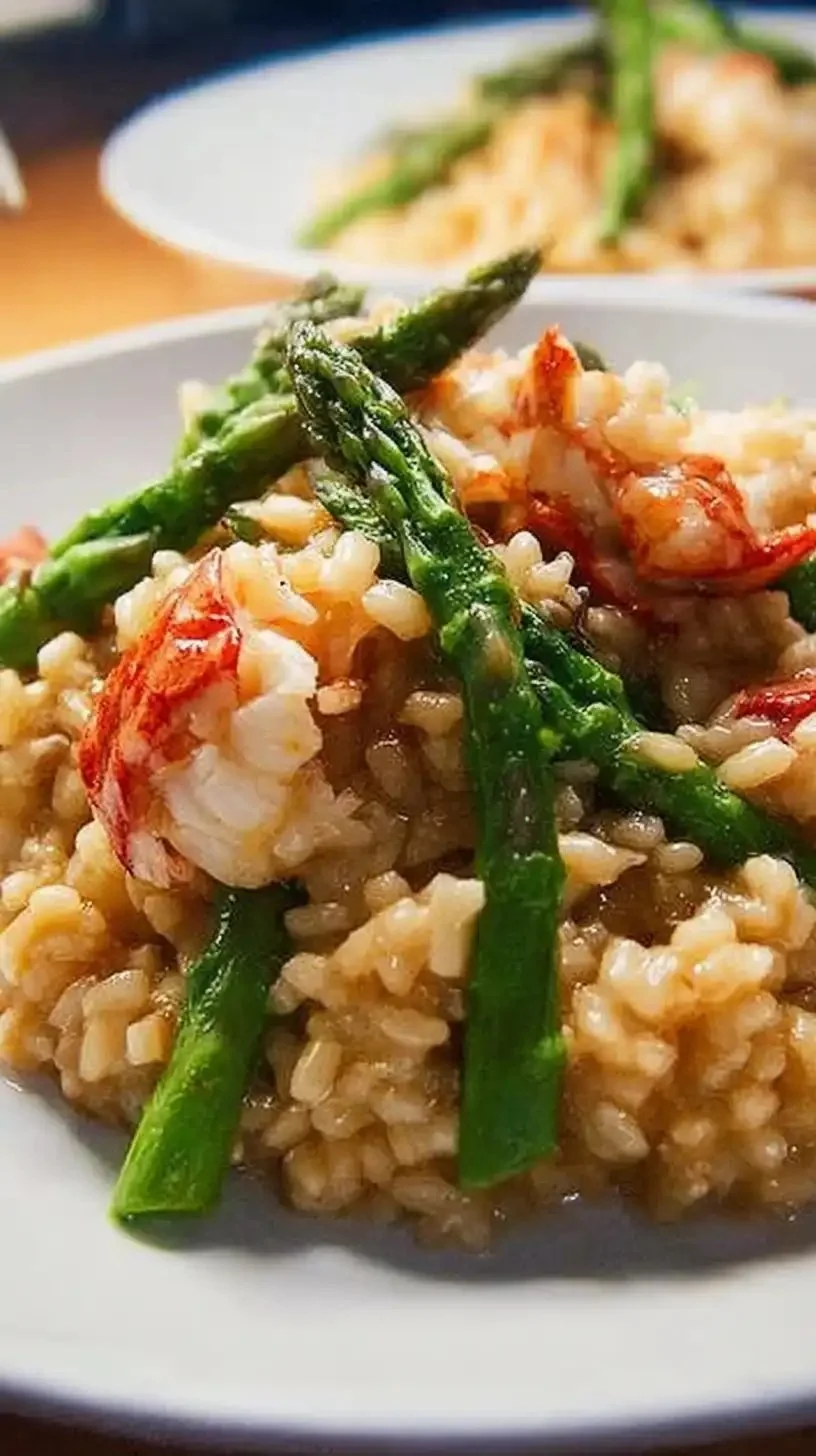 Risotto crémeux au homard et asperges, plat gourmet exquis.