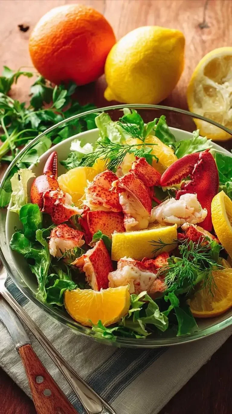 Salade de homard aux agrumes présentée dans une assiette élégante.