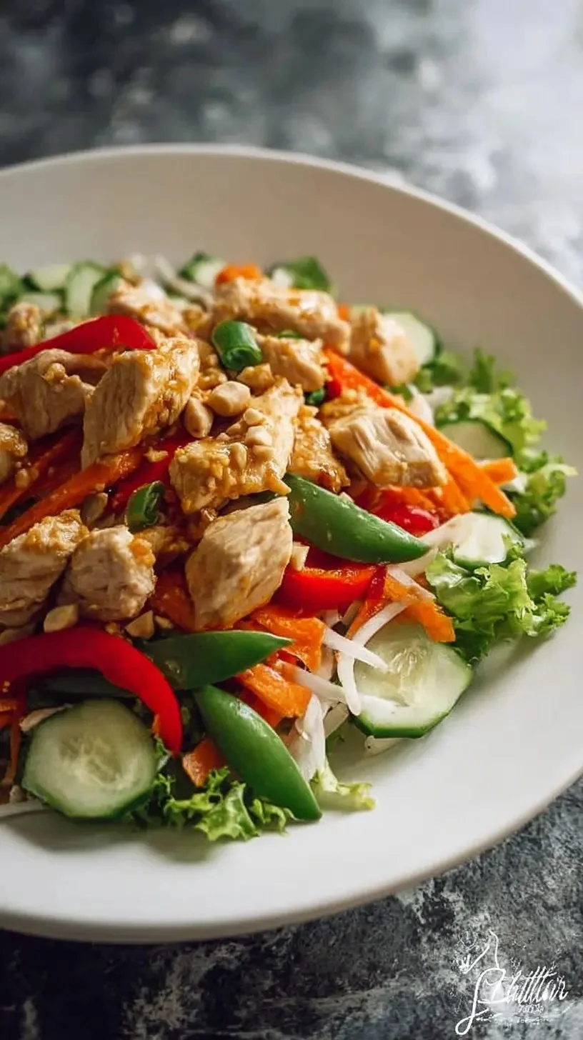 Salade thaï au poulet, un plat frais et savoureux, idéal pour un repas léger.