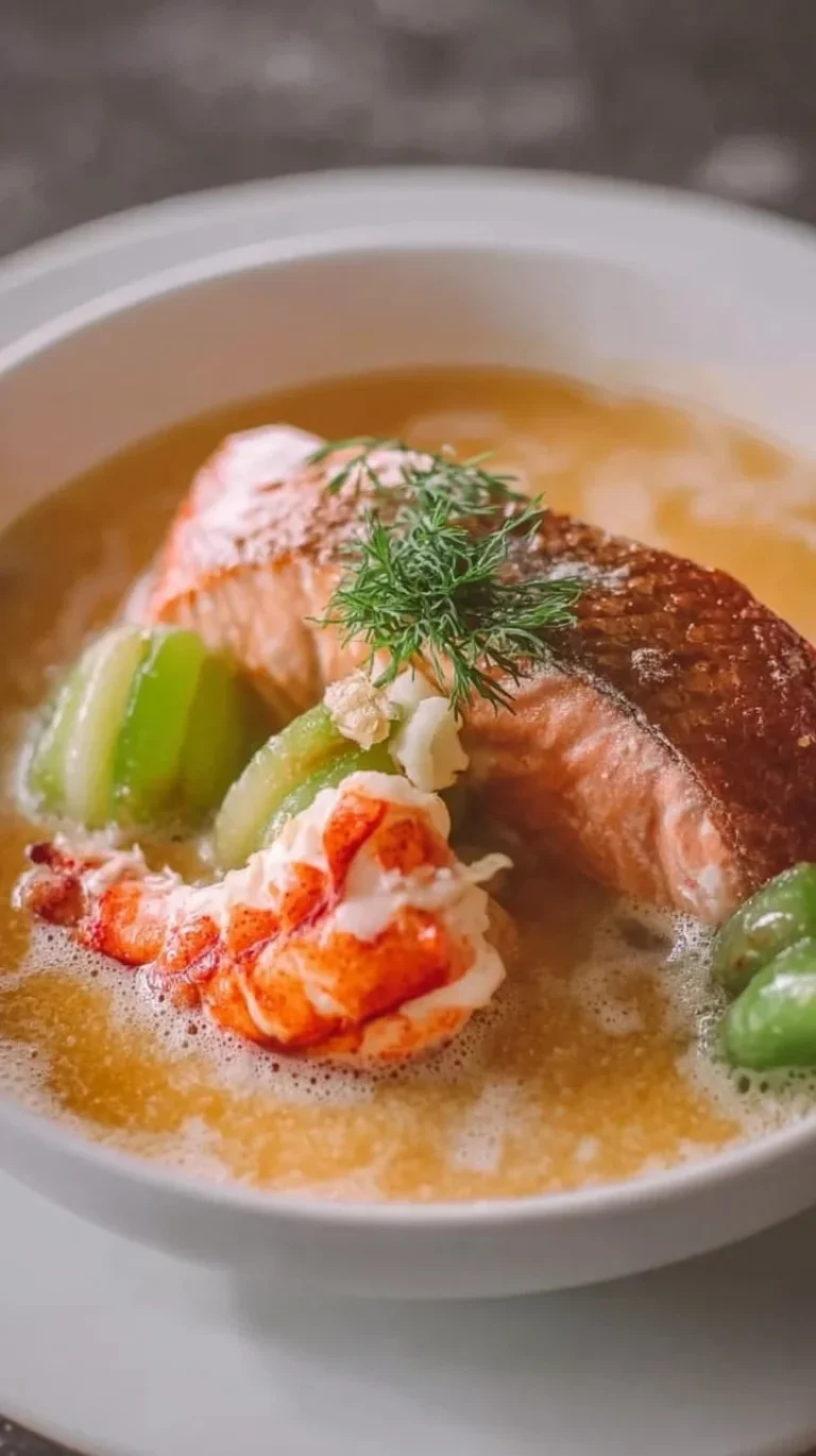 Saumon frais servi avec bisque de homard et cocktail de fruits de mer