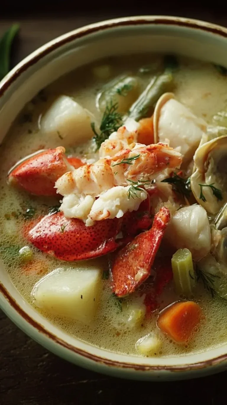 Soupe de homard avec Saint Jacques et légumes frais dans un bol.