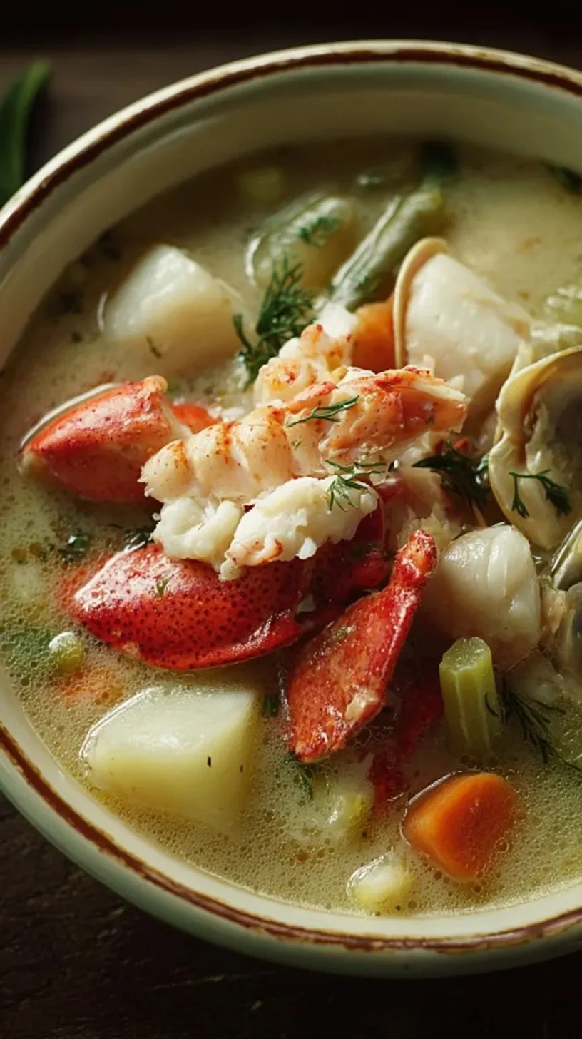 Soupe de homard avec Saint Jacques et légumes frais dans un bol.