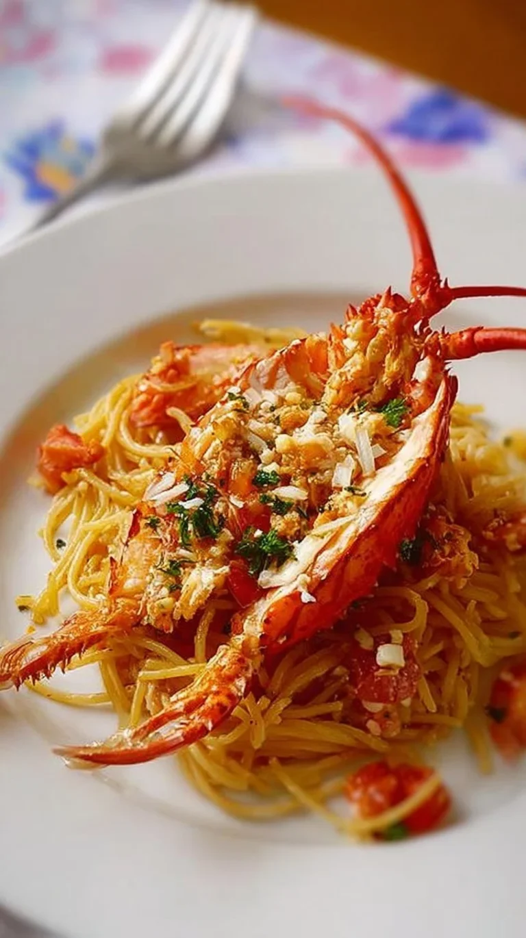 Spaghetti au homard dans une assiette garnie d'herbes fraîches