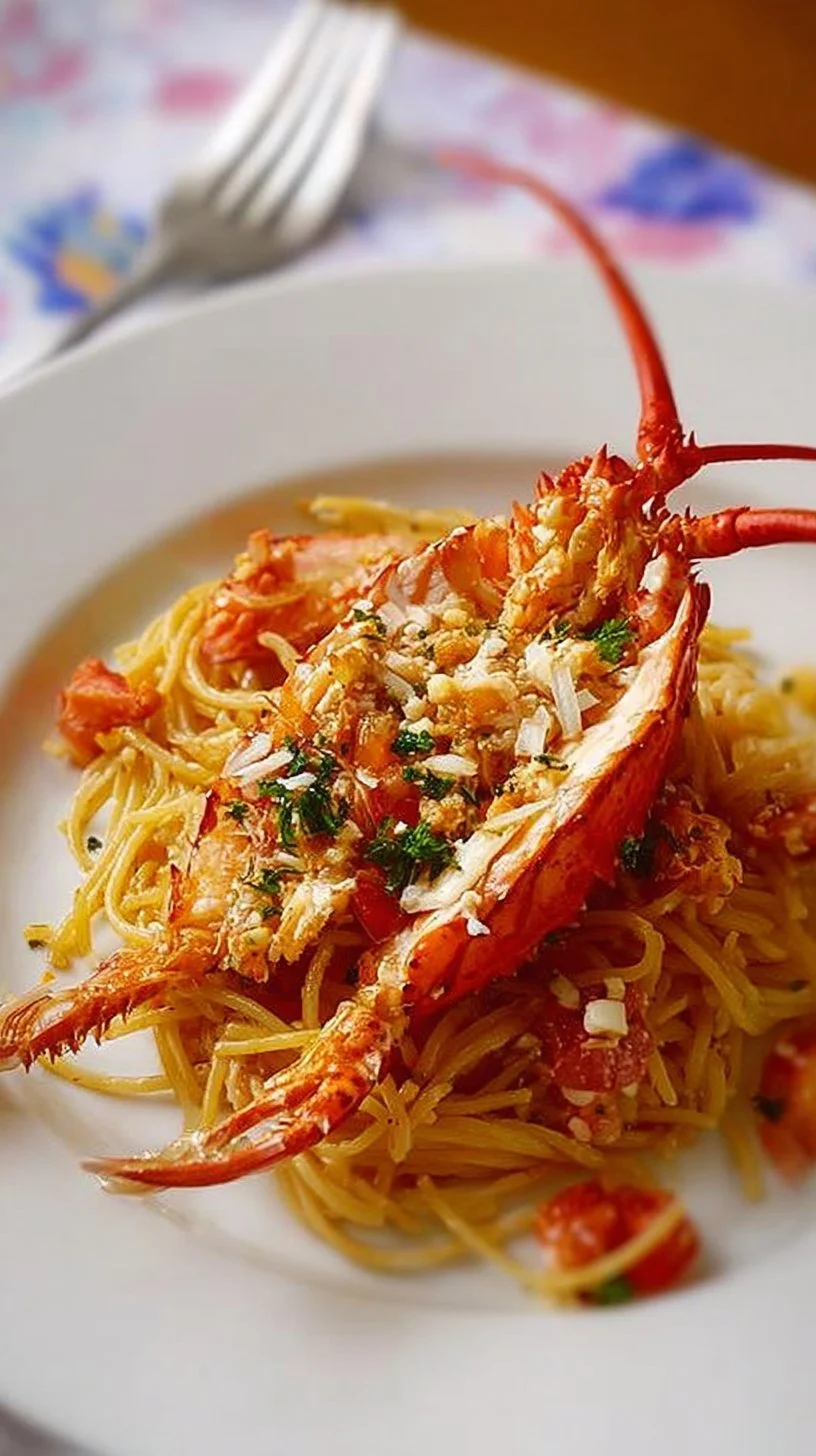 Spaghetti au homard dans une assiette garnie d'herbes fraîches