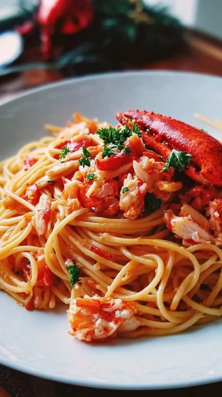 Assiette de spaghetti au homard garnie de fines herbes et sauce crémeuse