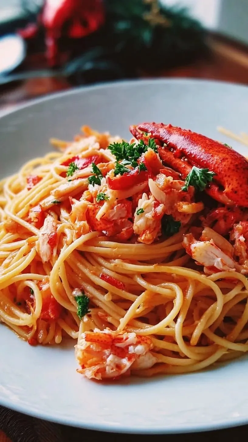 Assiette de spaghetti au homard garnie de fines herbes et sauce crémeuse