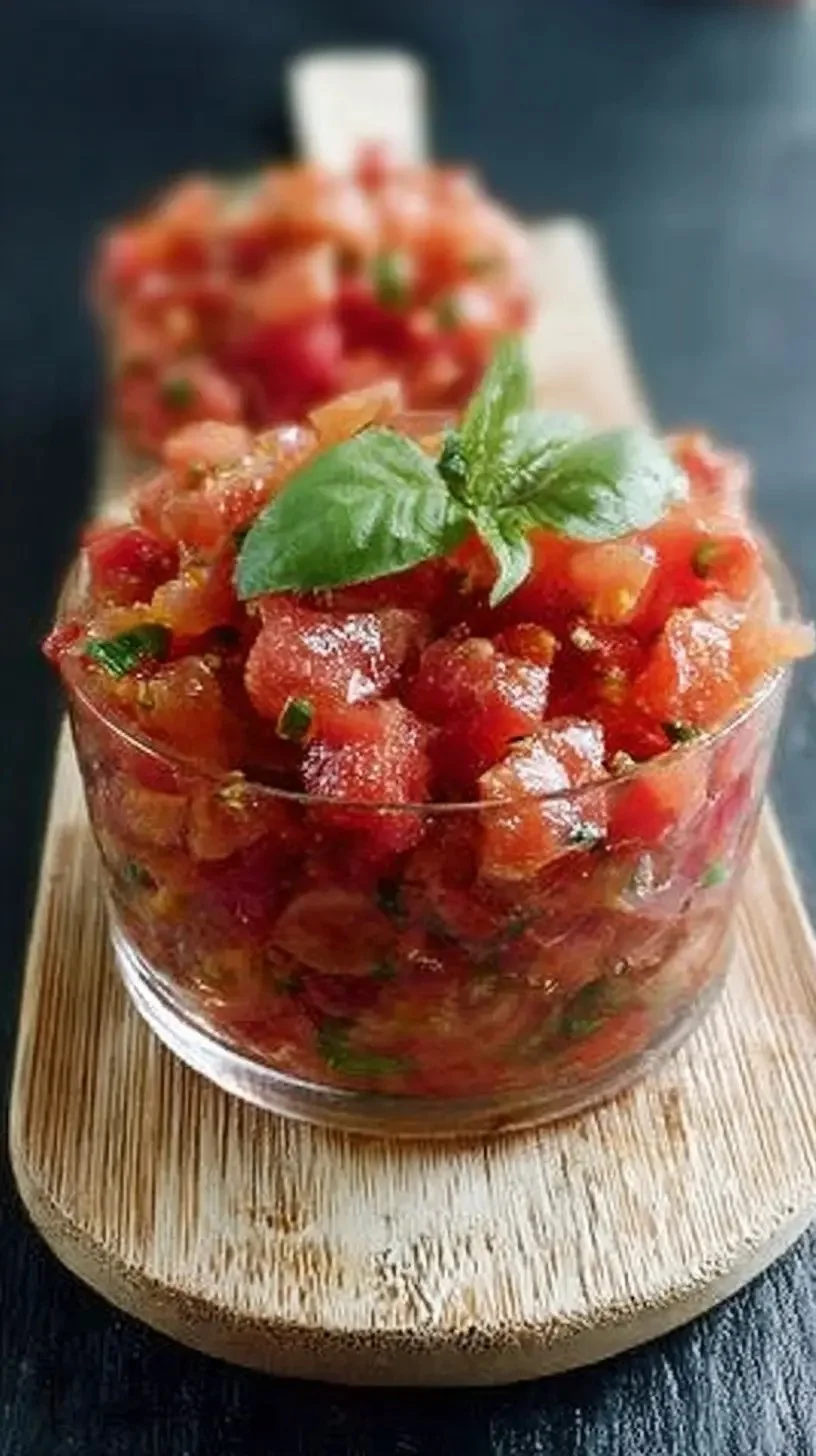 Plat de Tartare de Tomate garnie de basilic et d'huile d'olive.