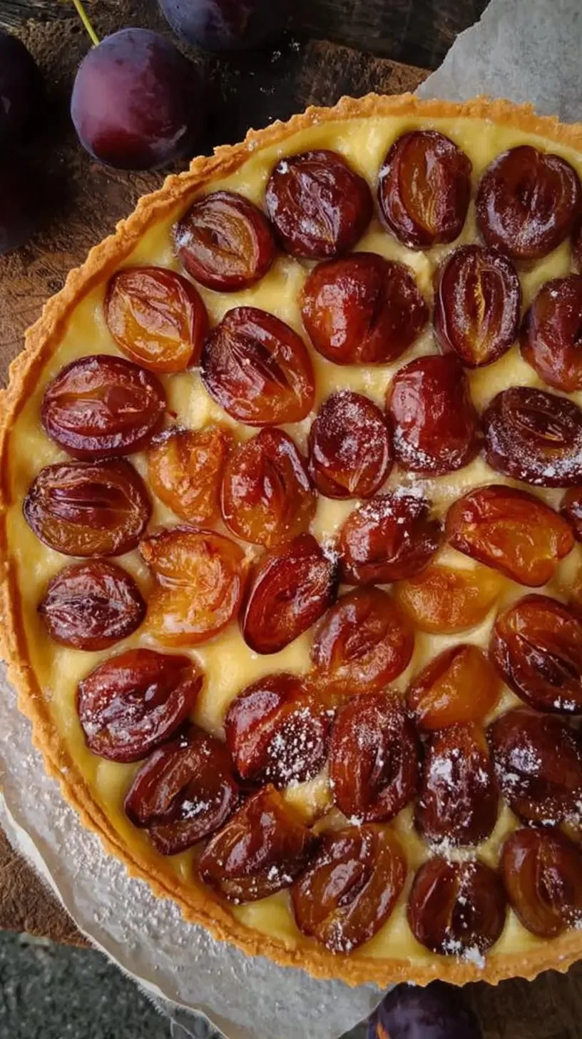 Tarte rustique aux mirabelles dorée et appétissante sur une table en bois.