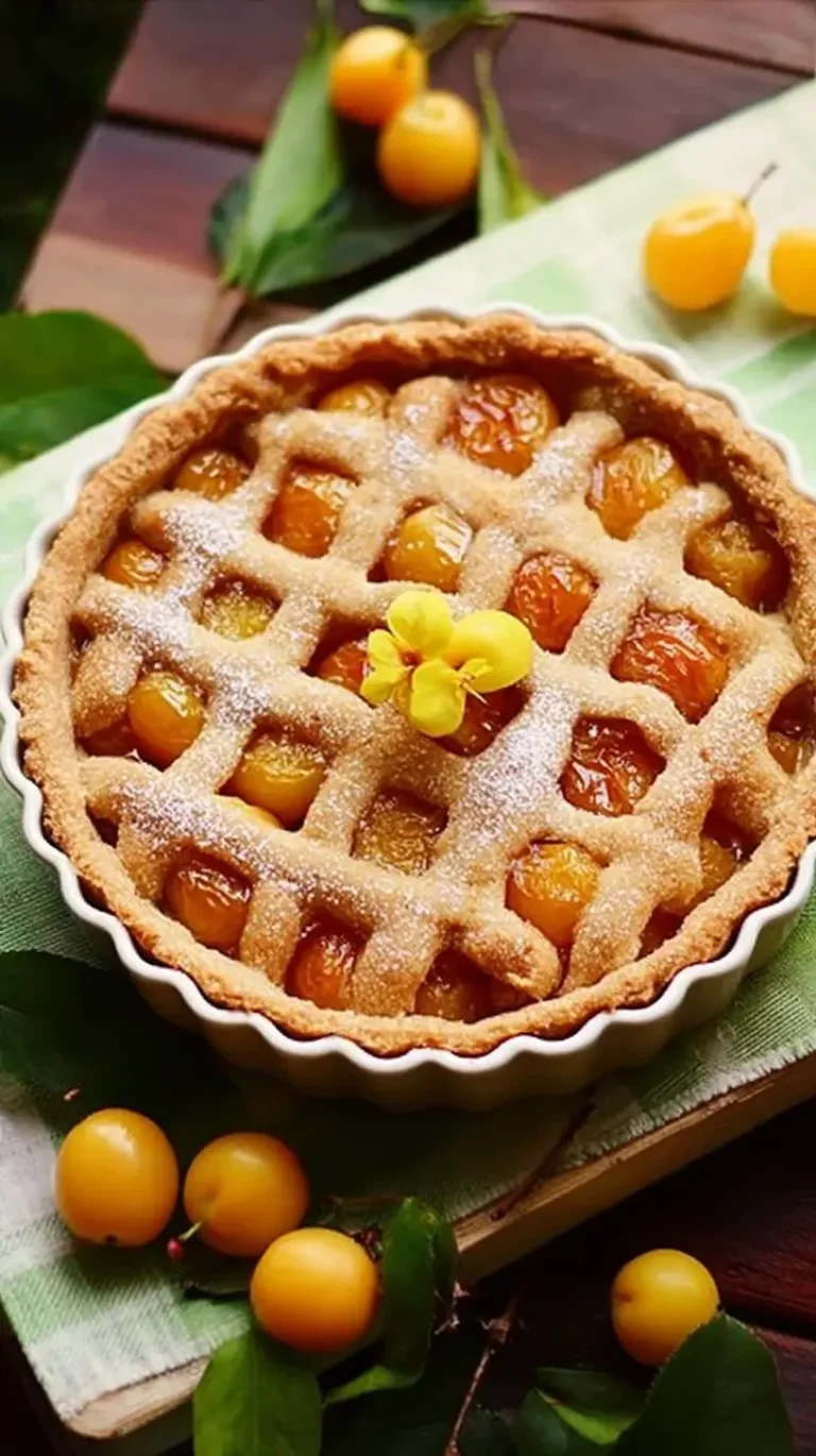 Tourte aux mirabelles fraîchement cuite, garnie de mirabelles juteuses.