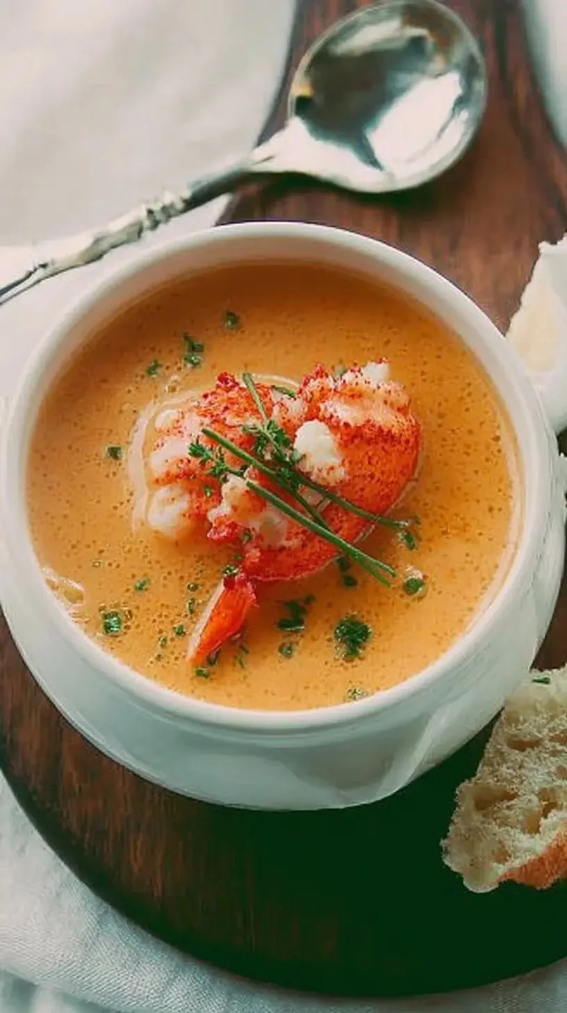 Velouté de homard crémeux servi dans un bol élégant avec garniture.