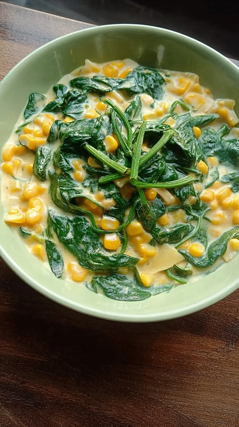 Salsa de espinacas con maíz a la crema en un tazón