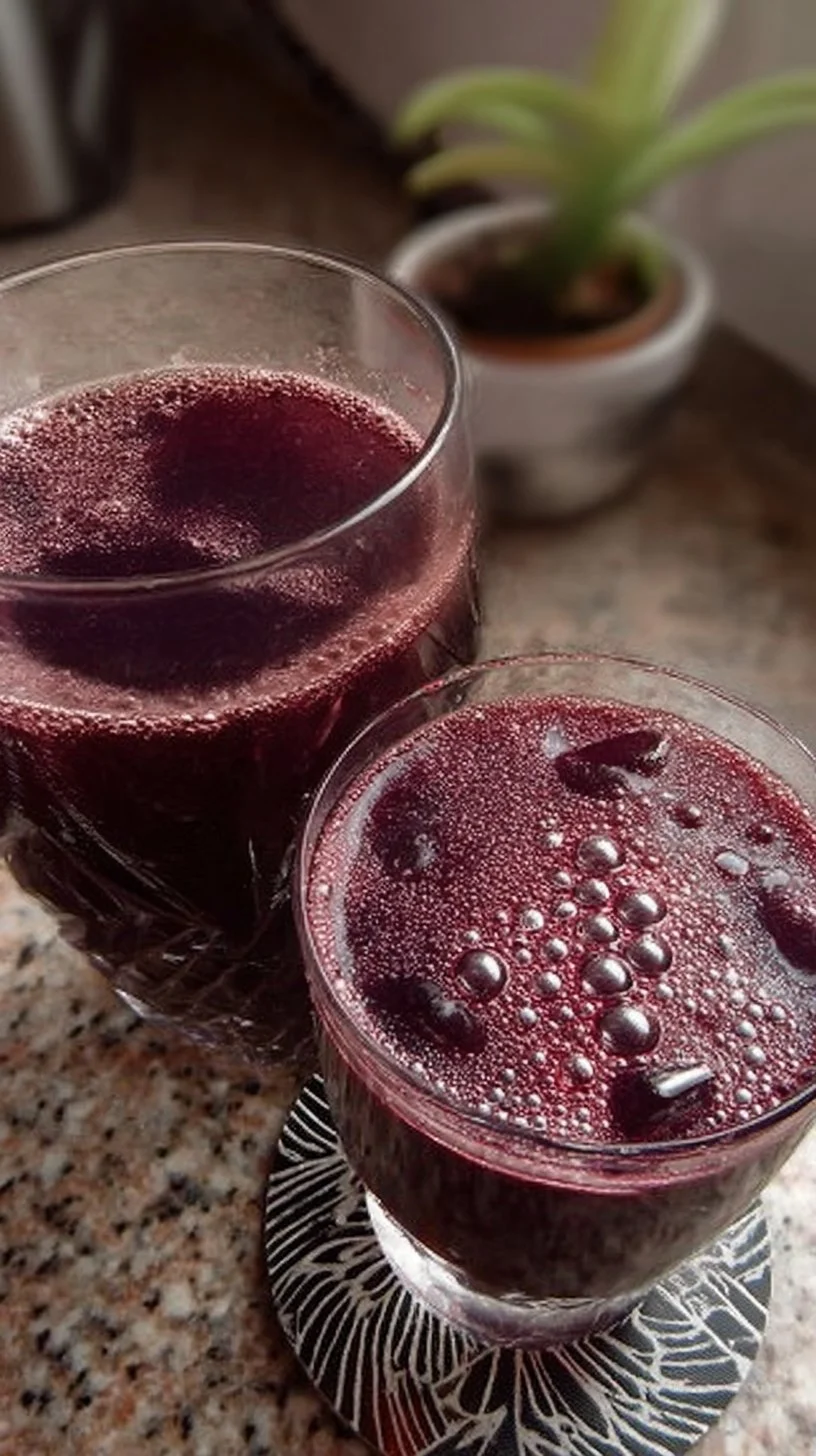 Vaso de chicha morada fresca, bebida tradicional peruana a base de maíz morado.