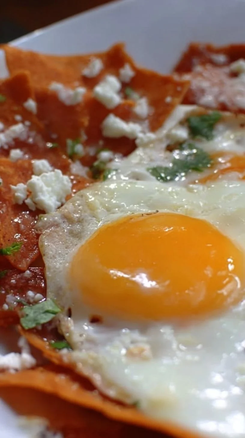 Chilaquiles rojos rancheros con huevos estrellados servidos en plato