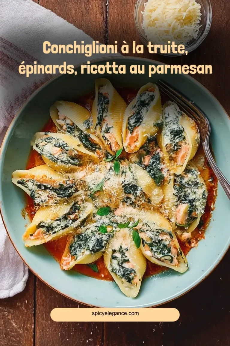 Conchiglioni à la truite, épinards et ricotta au parmesan dans une assiette
