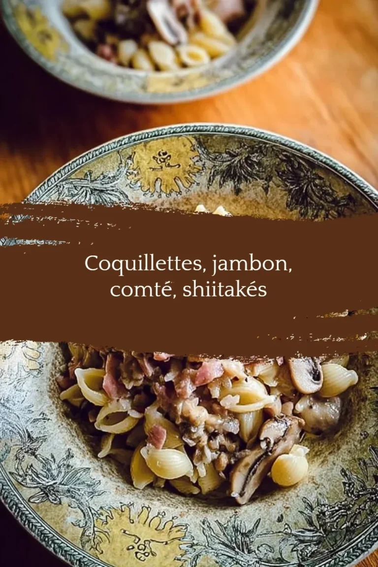 Plat de coquillettes avec jambon, comté et shiitakés, un régal de la cuisine française.
