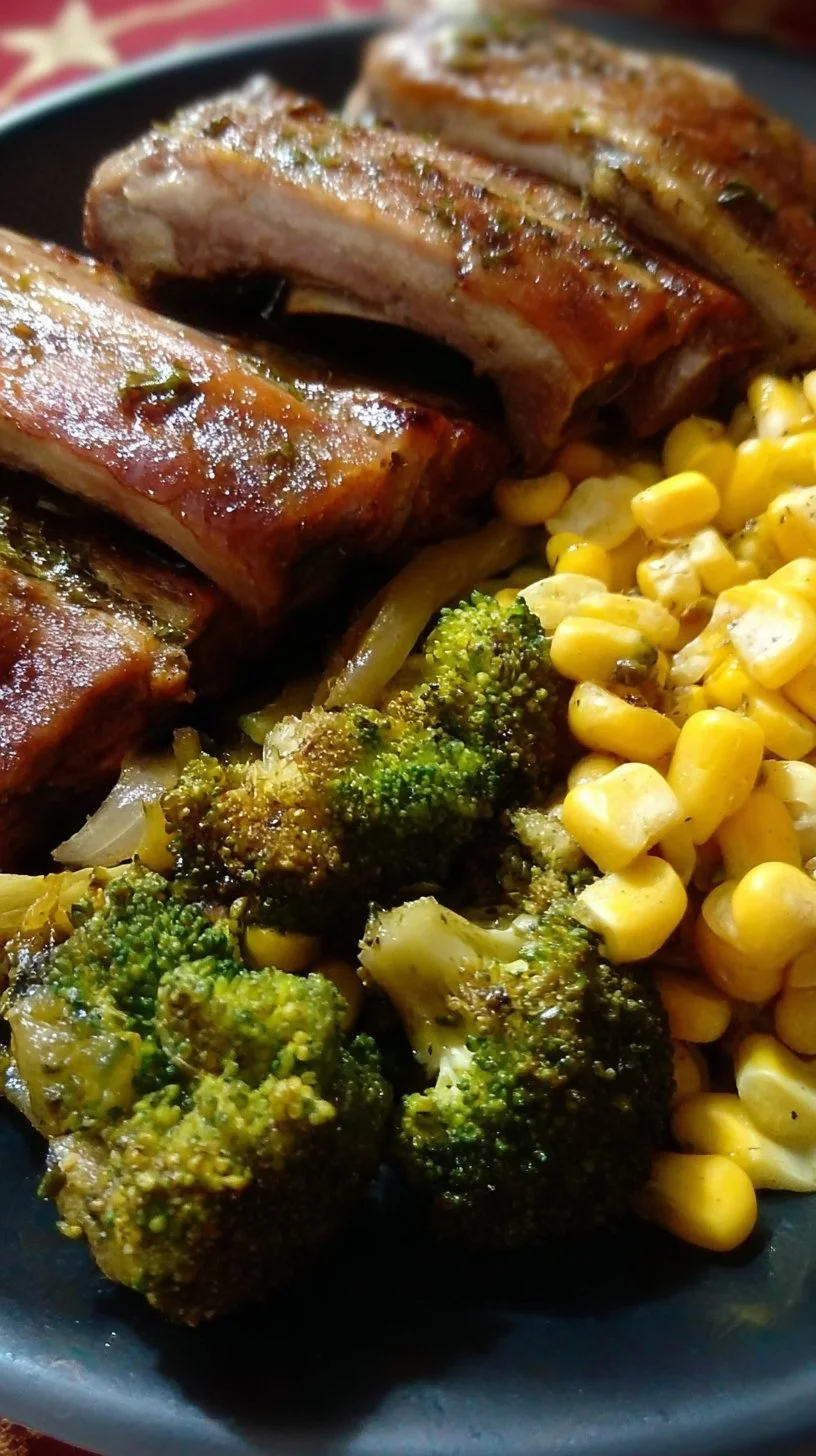 Costillas guisadas a fuego lento con brócoli y maíz en un plato hondo