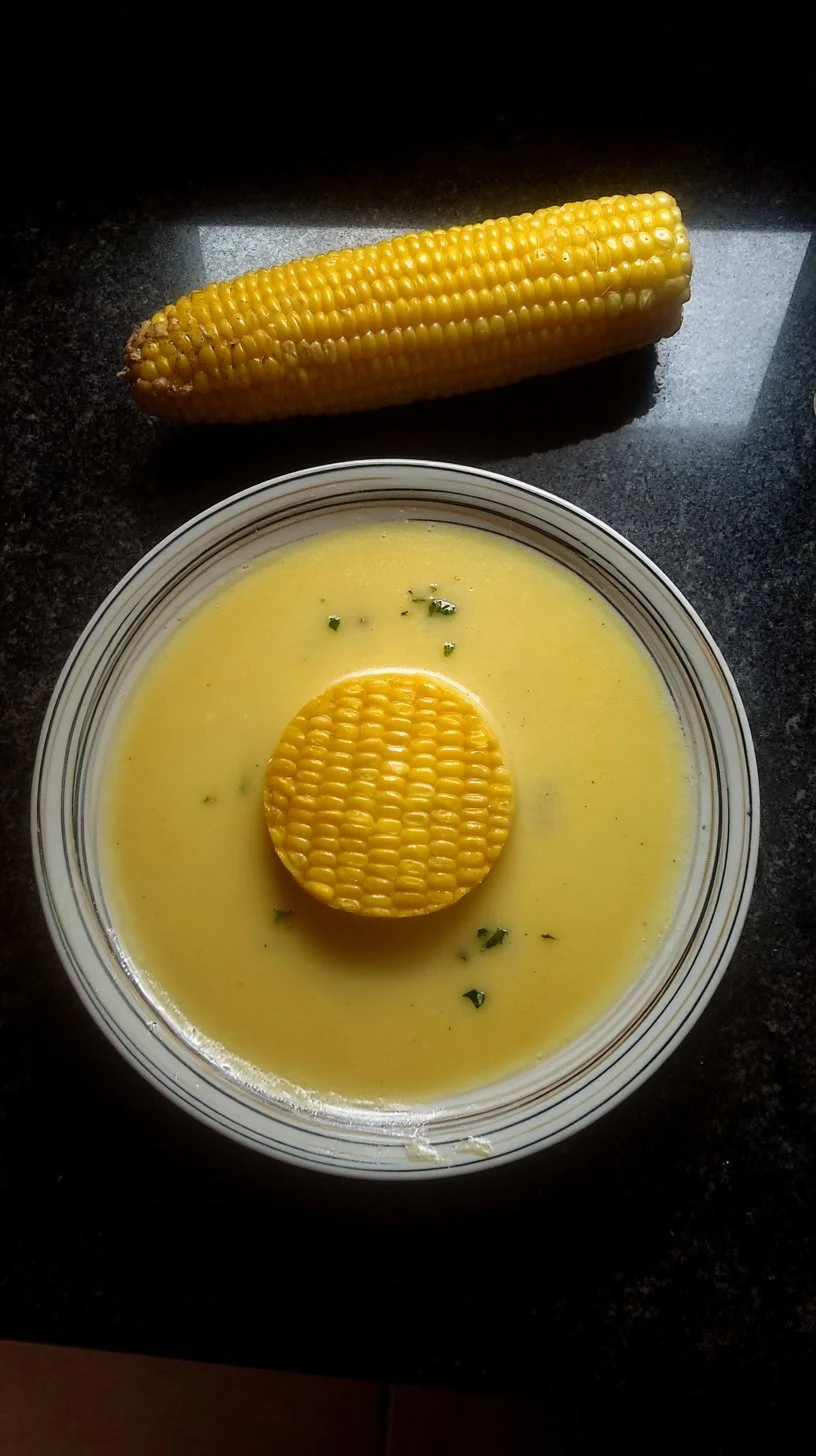 Crema de verduras con piña y mazorca de maíz en un bol decorado con cilantro