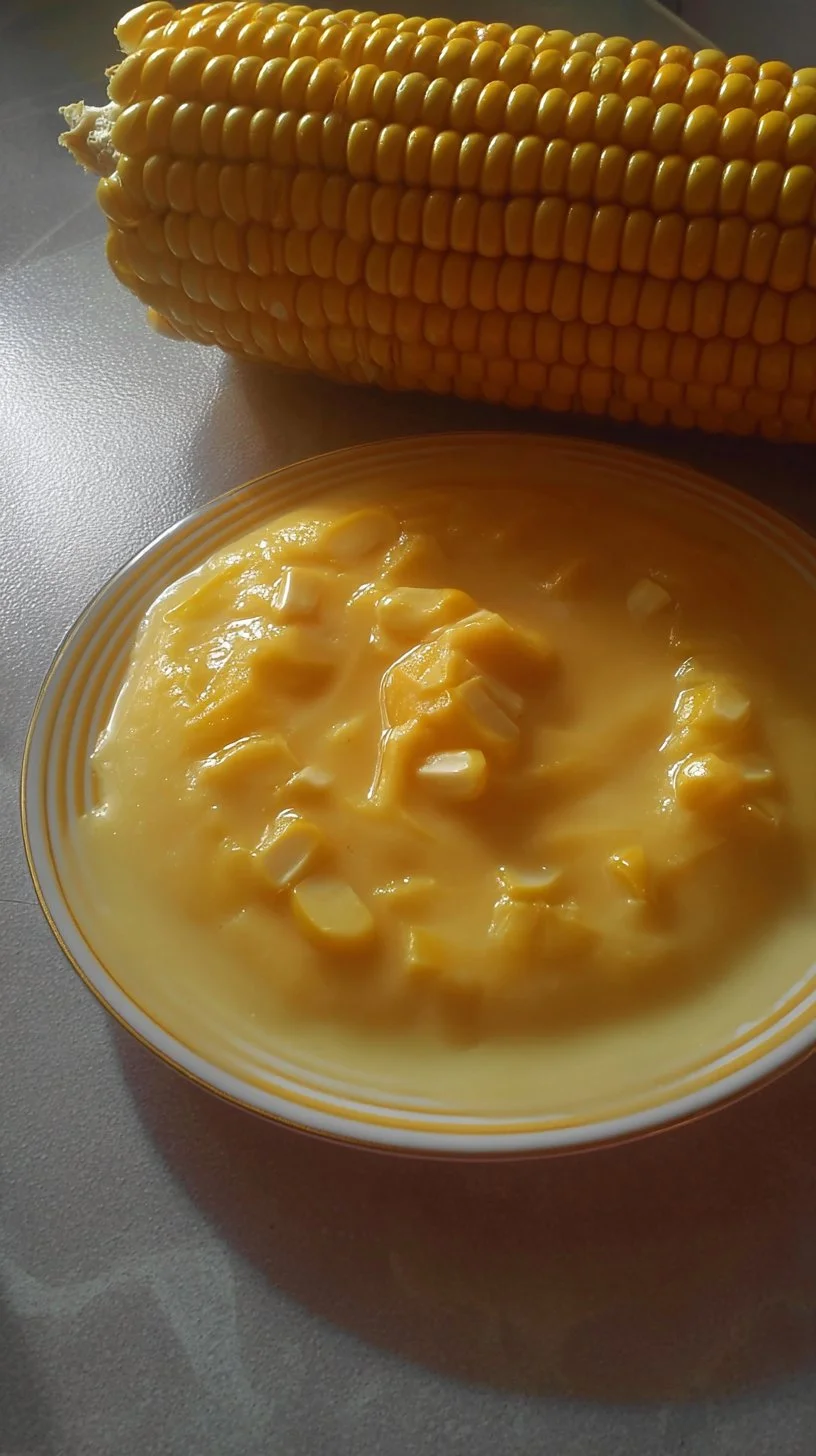 Plato de crema de verduras con piña y mazorca de maíz