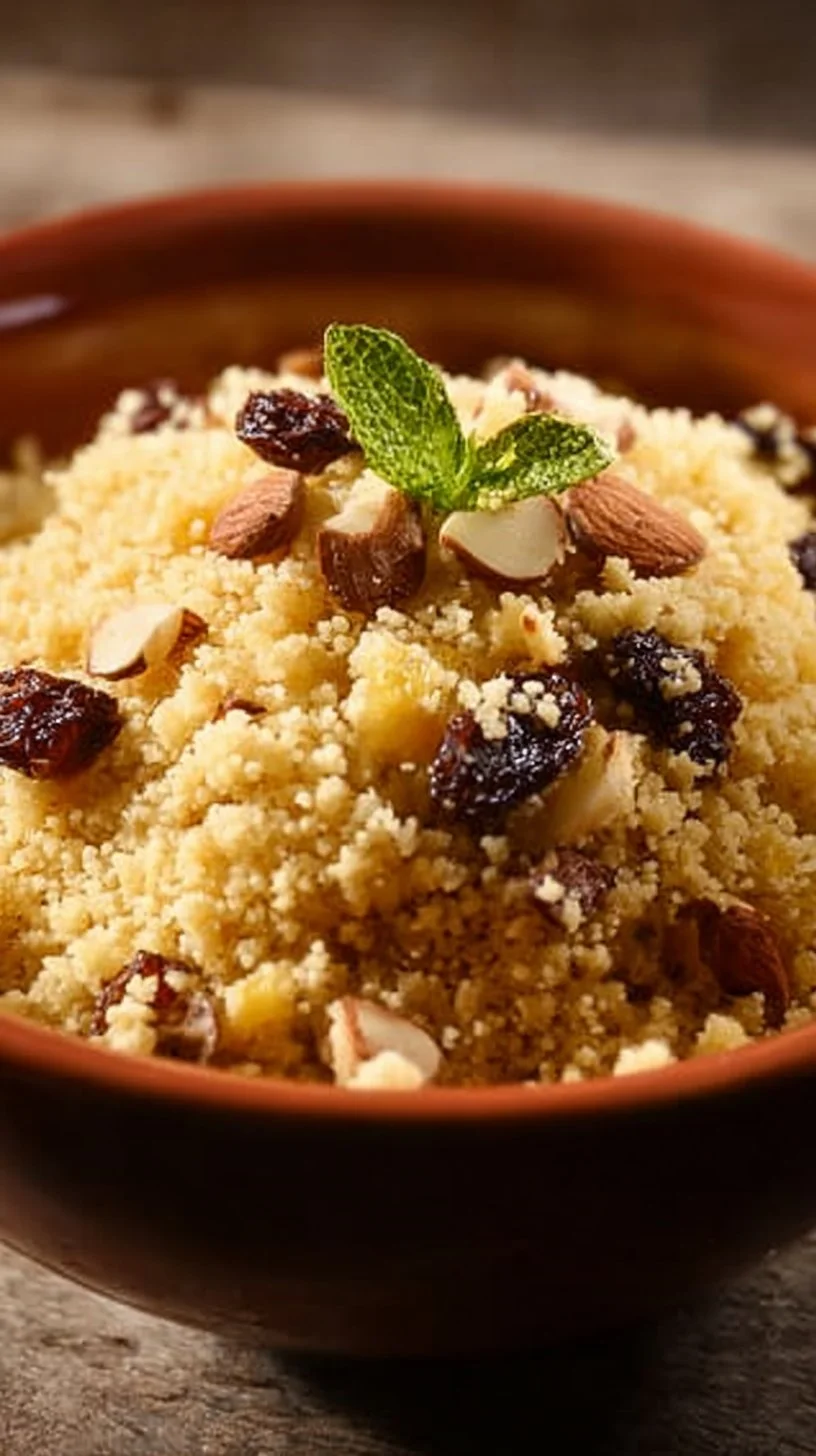 Plato de cuscús de maíz con pasas y almendras, un delicioso y nutritivo acompañante.