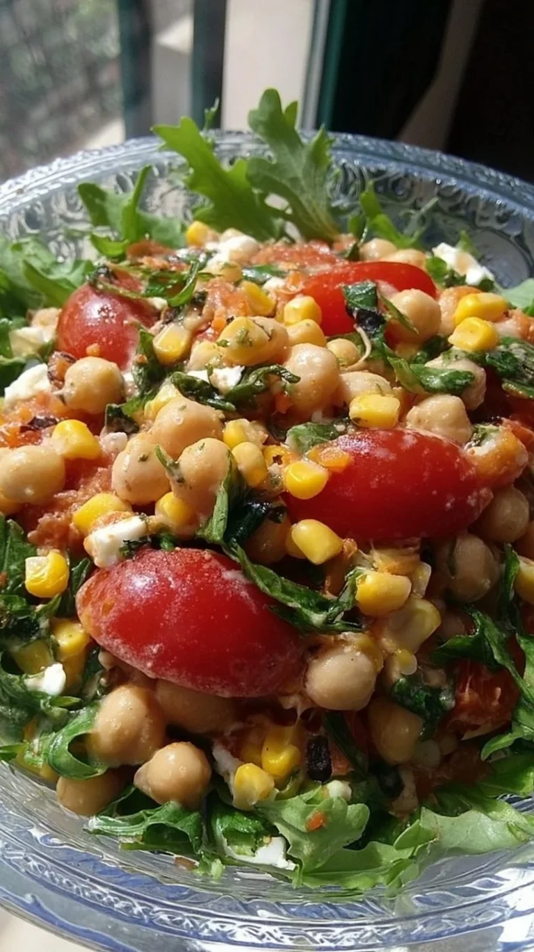 Ensalada de garbanzos y maíz fresca y colorida en un plato