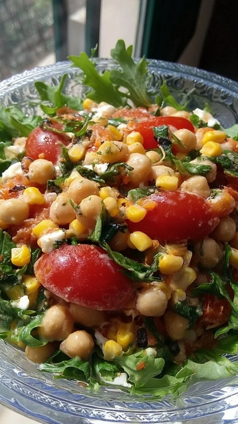 Ensalada de garbanzos y maíz fresca y colorida en un plato