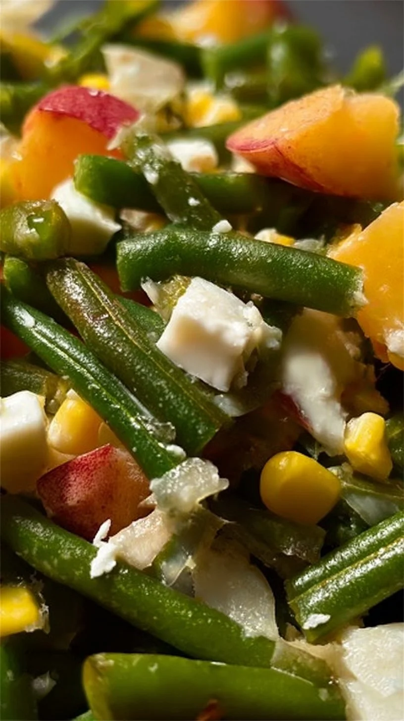 Ensalada de judías verdes con queso fresco, maíz y paraguayo en un plato colorido.