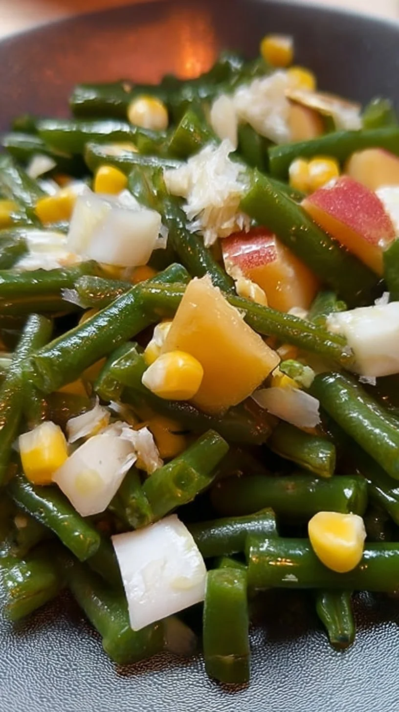 Ensalada de judías verdes con queso fresco, maíz y paraguayo, un plato saludable y colorido.