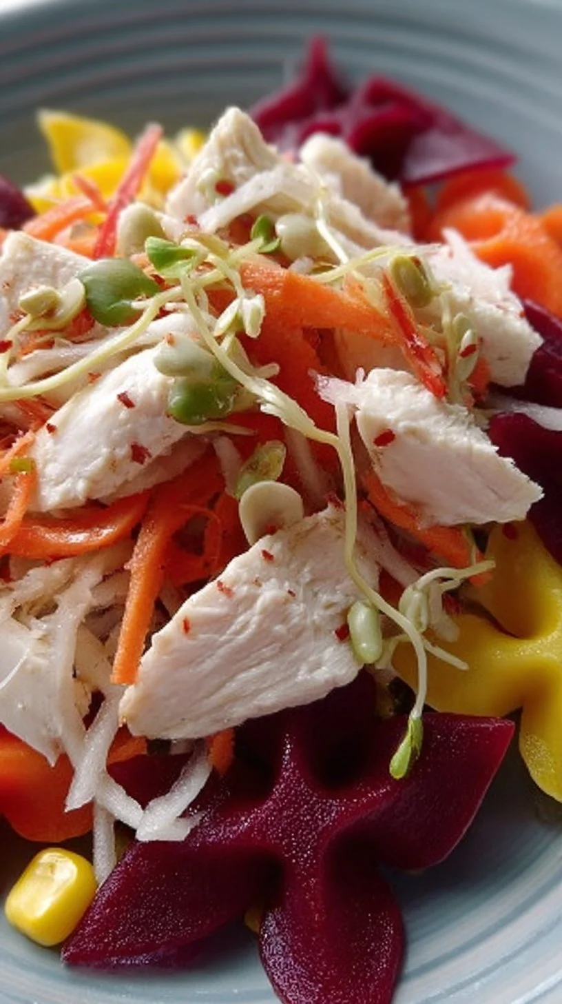 Ensalada de pajarita con pollo, maíz dulce, zanahorias y remolacha