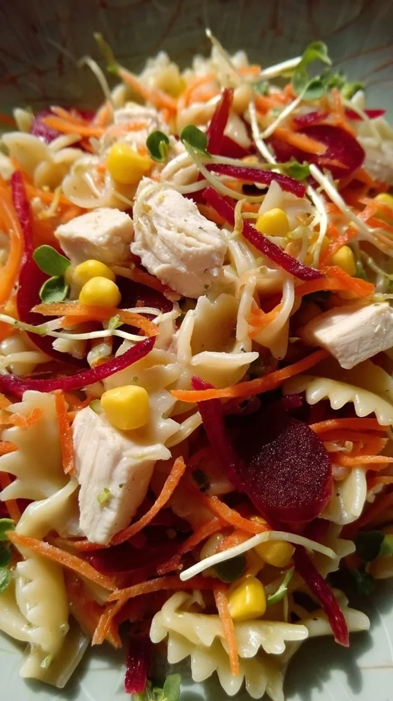 Ensalada de pajarita con pollo, maíz dulce y verduras frescas.