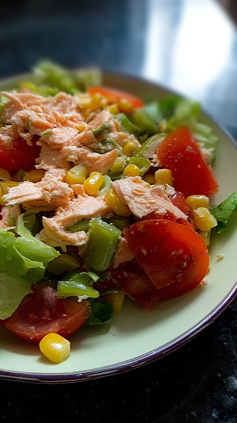 Ensalada de salmón en lata con maíz y vegetales frescos