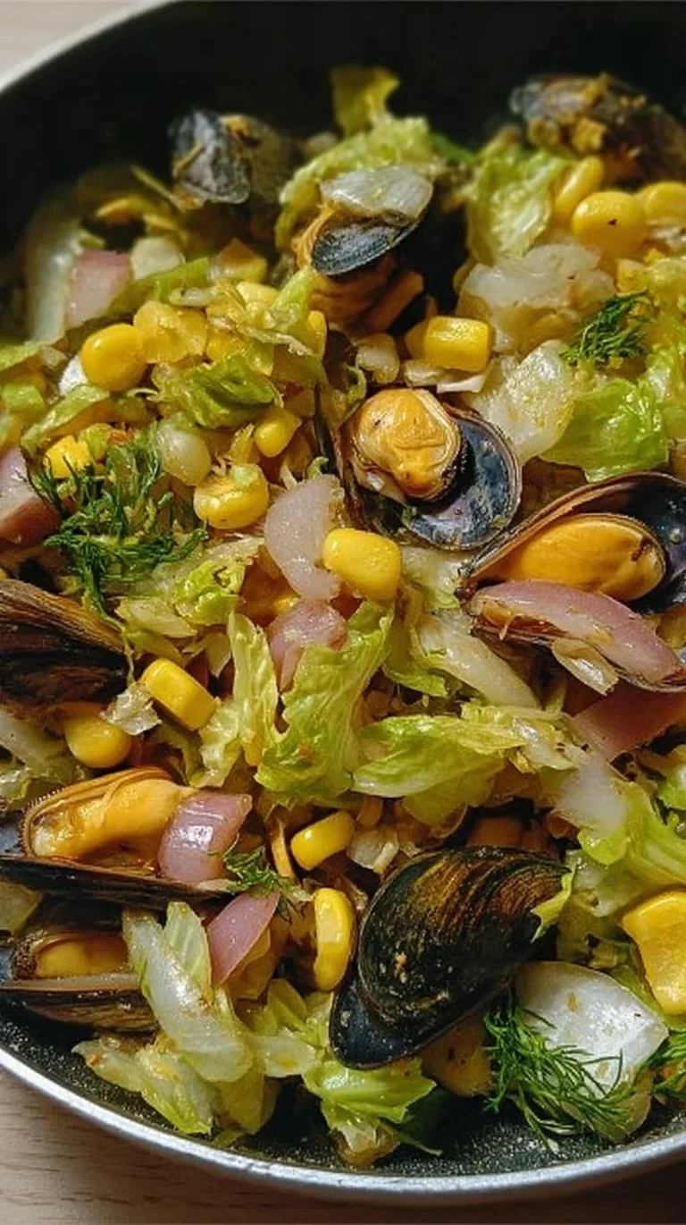 Ensalada fresca de mejillones en escabeche con maíz dulce