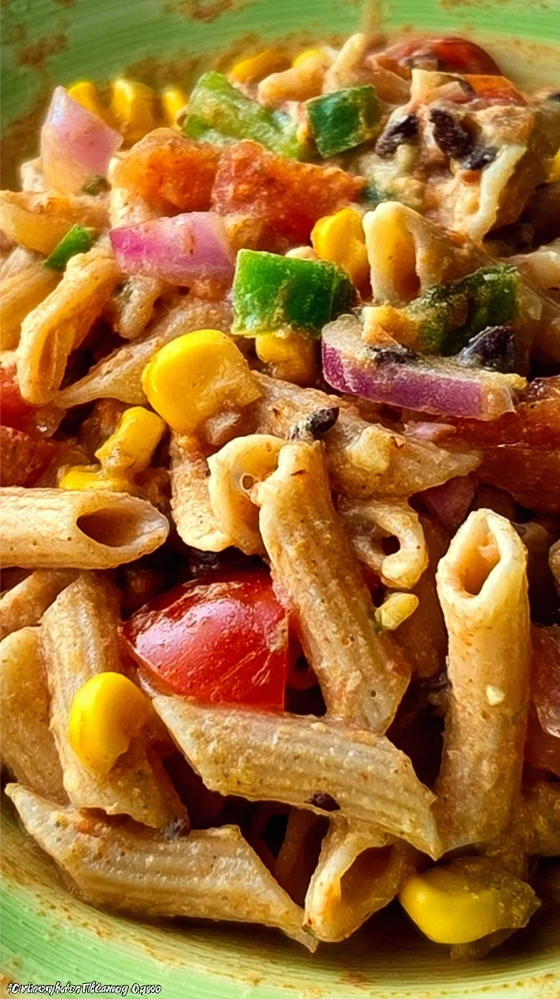 Ensalada mexicana de pasta con salsa Rancho Fiesta en un plato colorido.