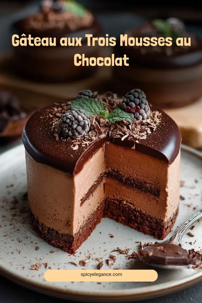 Three chocolate mousse cake, Gâteau au Chocolat, with rich, velvety layers.