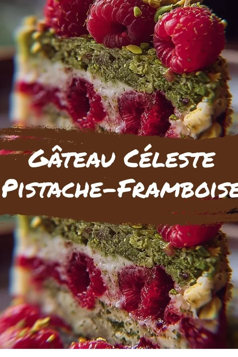 Delicious Gâteau Céleste Pistache-Framboise with pistachio and raspberry layers.