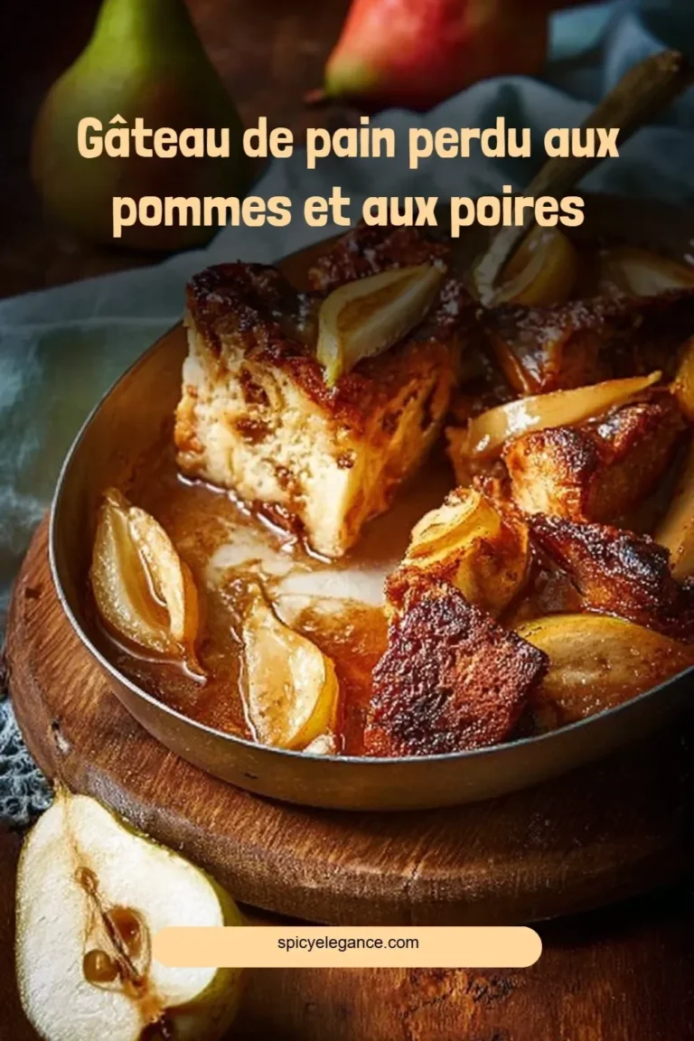 Gâteau de pain perdu aux pommes et aux poires, un dessert savoureux et réconfortant.