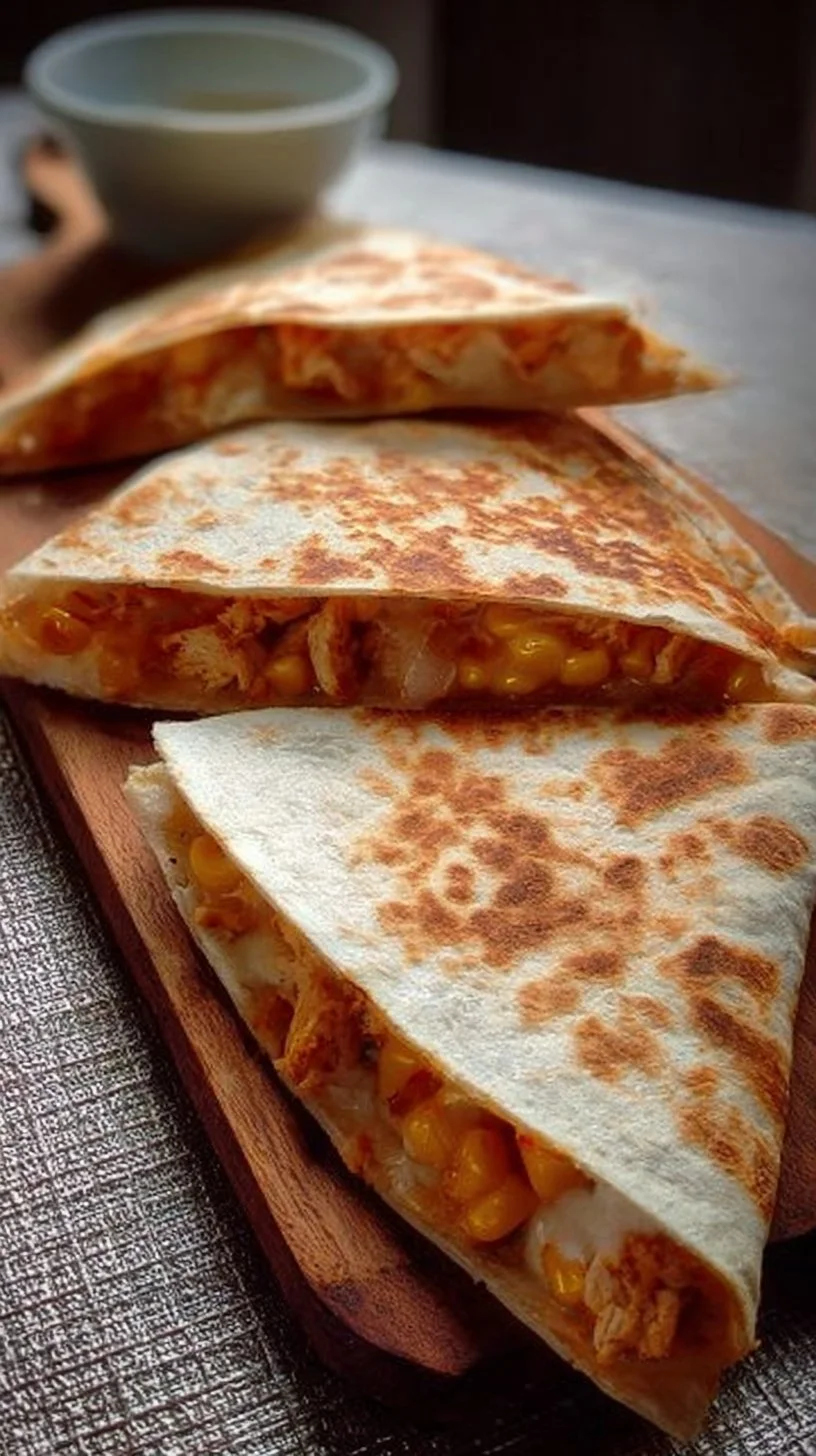 Quesadilla de pollo con queso crema, maíz y especias como chile y comino