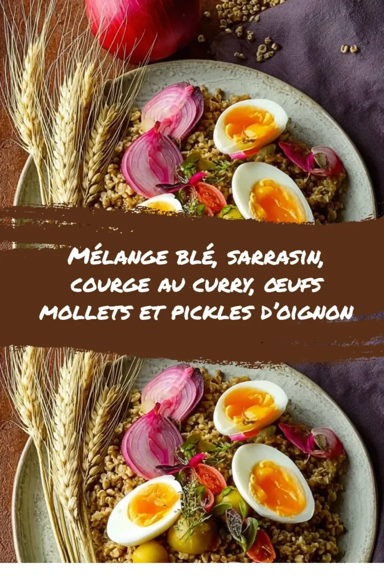 Mélange de blé sarrasin curry avec courge, œufs mollets et pickles d'oignon