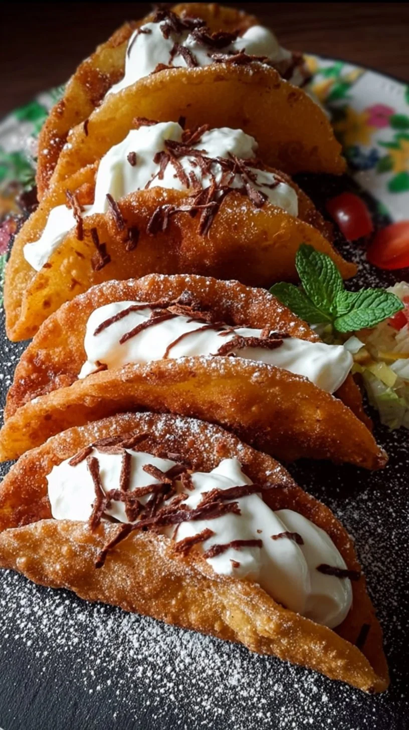 Mini tacos dulces con nata decorados sobre un plato colorido