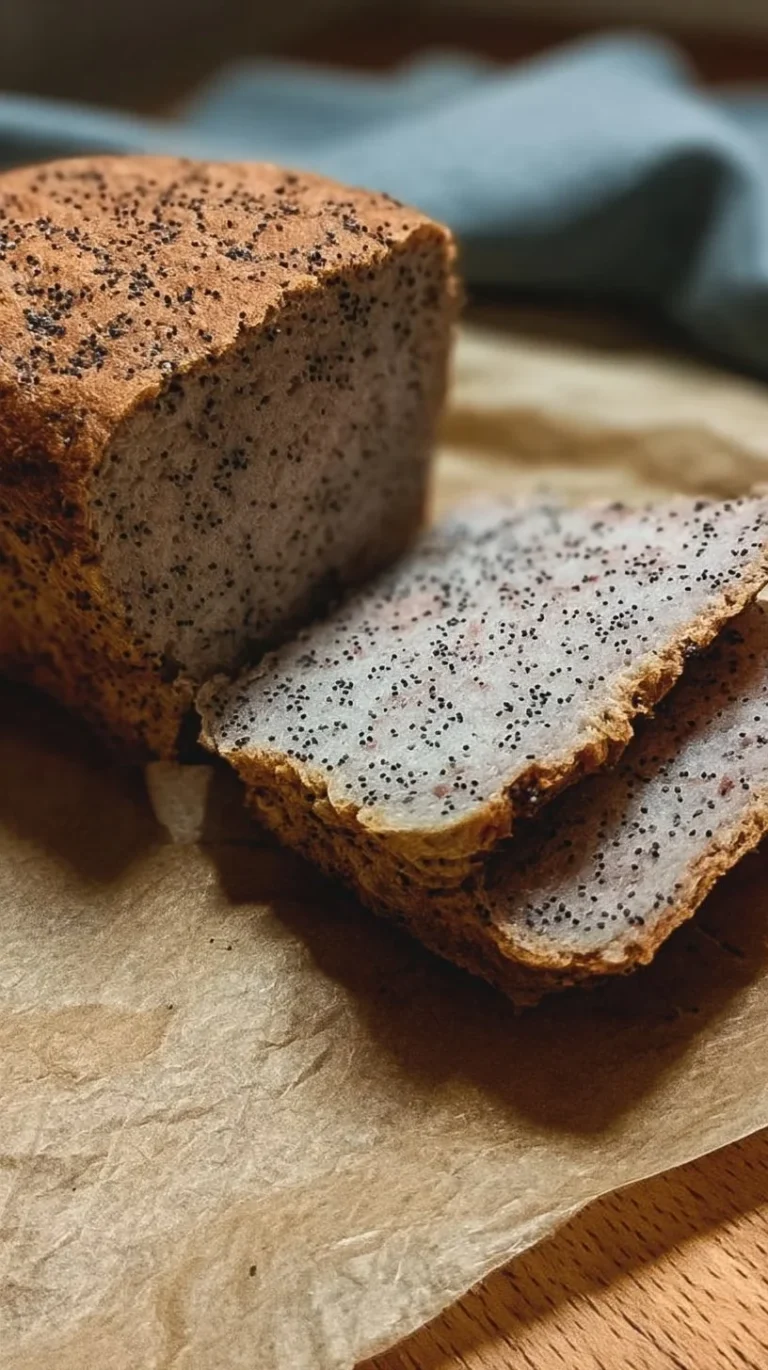 Pan de molde sin gluten con semillas de amapola en una tabla de madera.