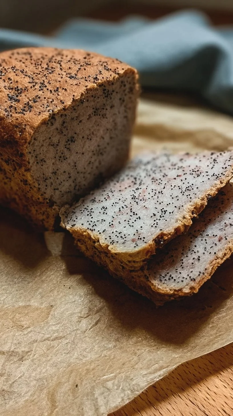 Pan de molde sin gluten con semillas de amapola en una tabla de madera.