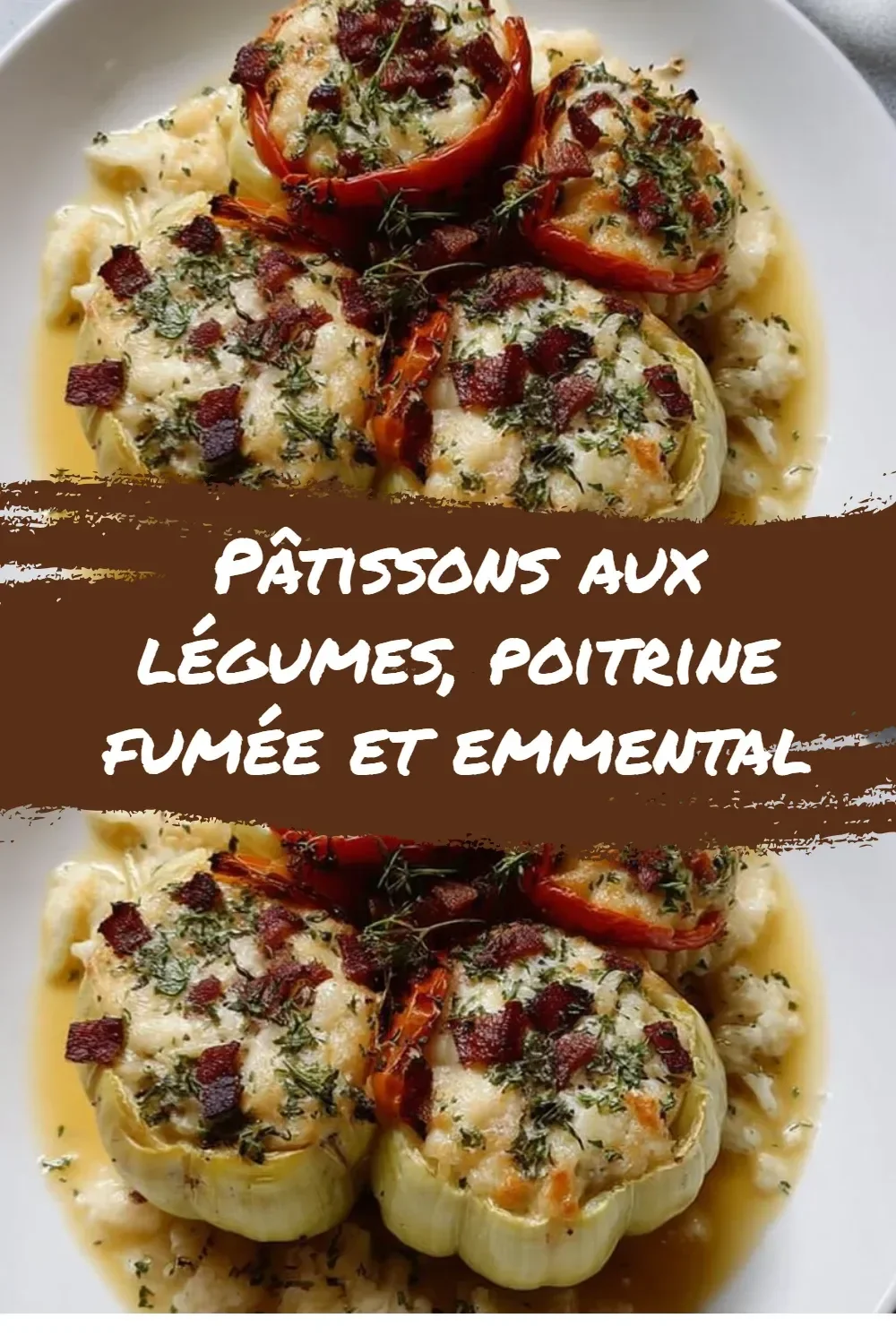 Pâtissons aux légumes, poitrine fumée et emmental, mets savoureux et coloré.